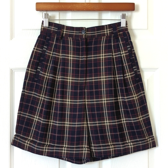 Paul Harris Design 90's Vintage Plaid Preppy Pleated Wide Leg Shorts Navy Red 2 - Picture 1 of 13